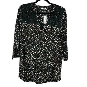 Penningtons Peasant Ditsy Floral Crochet Cotton Tunic Top Size X Black NWT